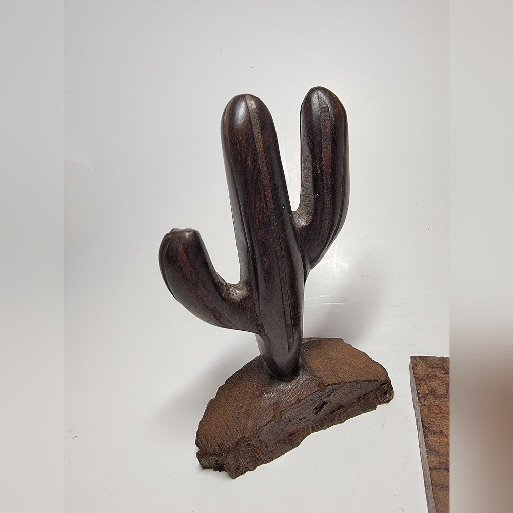 Vintage Ironwood Carved Saguaro Wooden Coyote and Cactus Sculpture Set (2) - Picture 3 of 5